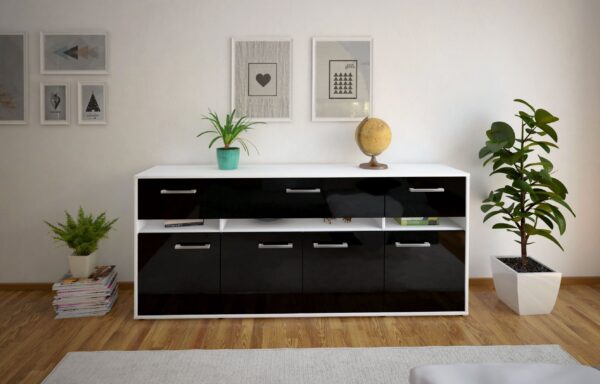 Sideboard - Flora - Design Hochglanz - Freistehend mit Griffe 180 cm Weiss - Front Grau  Bestellnummer:1020305027