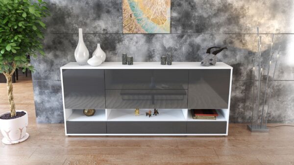 Sideboard - Florentina - Design Hochglanz - Freistehend mit Push to Open 180 cm Weiss - Front Schwarz  Bestellnummer:1020305109