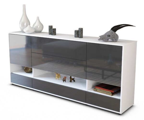 Sideboard - Florentina - Design Hochglanz - Freistehend mit Push to Open 180 cm Weiss - Front Grau  Bestellnummer:1020305112