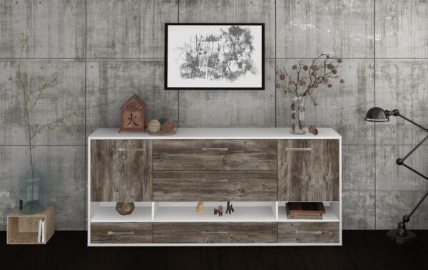 Sideboard - Florentina - Design Holzdekor - Freistehend mit Griffe 180 cm Weiss - Front Walnuss  Bestellnummer:1020305121