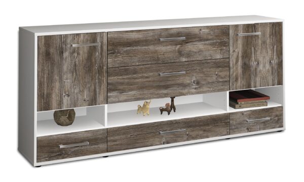 Sideboard - Florentina - Design Holzdekor - Freistehend mit Griffe 180 cm Weiss - Front Treibholz  Bestellnummer:1020305124