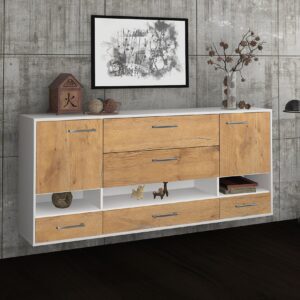 Sideboard - Florentina - Design Holzdekor - Wandmontage mit Griffe 180 cm Weiss - Front Pinie  Bestellnummer:1020305156