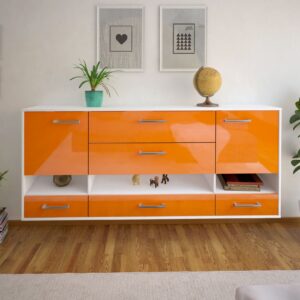 Sideboard - Florentina - Design Hochglanz - Wandmontage mit Griffe 180 cm Weiss - Front Schwarz  Bestellnummer:1020305160