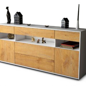 Sideboard - Floria - Design Holzdekor - Freistehend mit Push to Open 180 cm Weiss - Front Eiche  Bestellnummer:1020305205