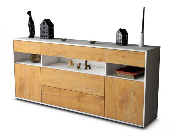 Sideboard - Floria - Design Holzdekor - Freistehend mit Push to Open 180 cm Weiss - Front Eiche  Bestellnummer:1020305205