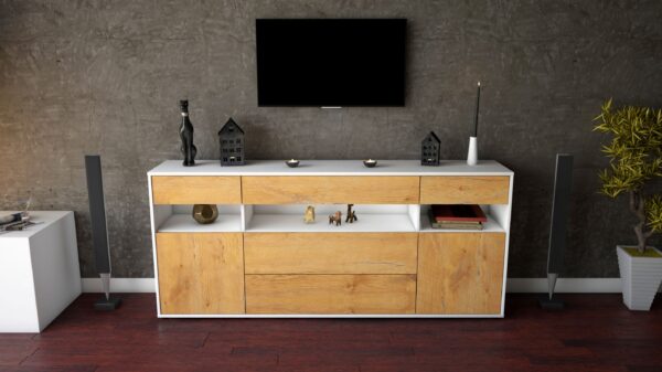 Sideboard - Floria - Design Holzdekor - Freistehend mit Push to Open 180 cm Weiss - Front Walnuss  Bestellnummer:1020305206