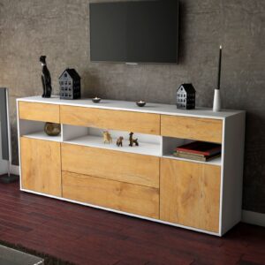 Sideboard - Floria - Design Holzdekor - Freistehend mit Push to Open 180 cm Weiss - Front Pinie  Bestellnummer:1020305207