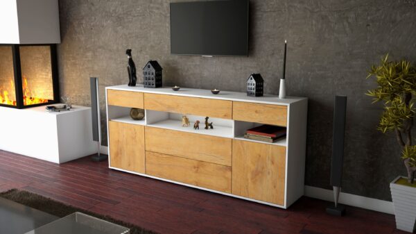 Sideboard - Floria - Design Holzdekor - Freistehend mit Push to Open 180 cm Weiss - Front Pinie  Bestellnummer:1020305207