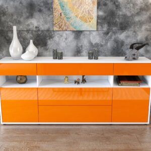 Sideboard - Floria - Design Hochglanz - Freistehend mit Push to Open 180 cm Weiss - Front Schwarz  Bestellnummer:1020305211