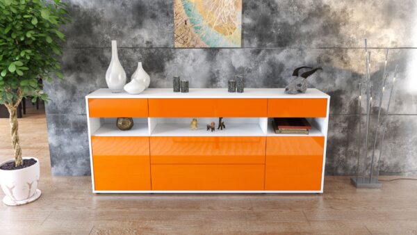 Sideboard - Floria - Design Hochglanz - Freistehend mit Push to Open 180 cm Weiss - Front Schwarz  Bestellnummer:1020305211