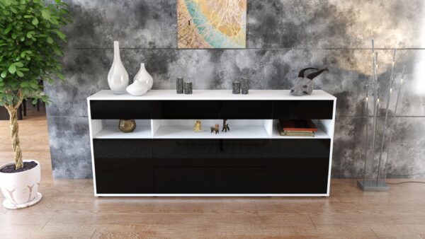 Sideboard - Floria - Design Hochglanz - Freistehend mit Push to Open 180 cm Weiss - Front Grau  Bestellnummer:1020305214