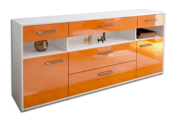 Sideboard - Floria - Design Hochglanz - Freistehend mit Griffe 180 cm Weiss - Front Orange  Bestellnummer:1020305227