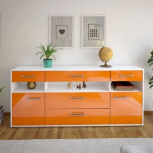 Sideboard - Floria - Design Hochglanz - Freistehend mit Griffe 180 cm Weiss - Front Schwarz  Bestellnummer:1020305228