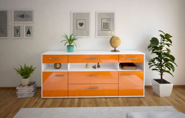 Sideboard - Floria - Design Hochglanz - Freistehend mit Griffe 180 cm Weiss - Front Schwarz  Bestellnummer:1020305228