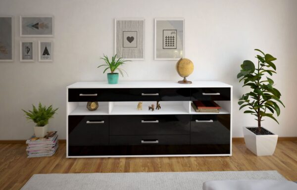 Sideboard - Floria - Design Hochglanz - Freistehend mit Griffe 180 cm Weiss - Front Grau  Bestellnummer:1020305231