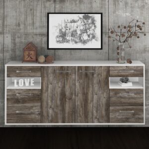 Sideboard - Francesca - Design Holzdekor - Wandmontage mit Griffe 180 cm Weiss - Front Walnuss  Bestellnummer:1020305563