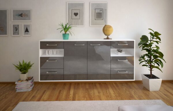 Sideboard - Francesca - Design Hochglanz - Wandmontage mit Griffe 180 cm Weiss - Front Schwarz  Bestellnummer:1020305568