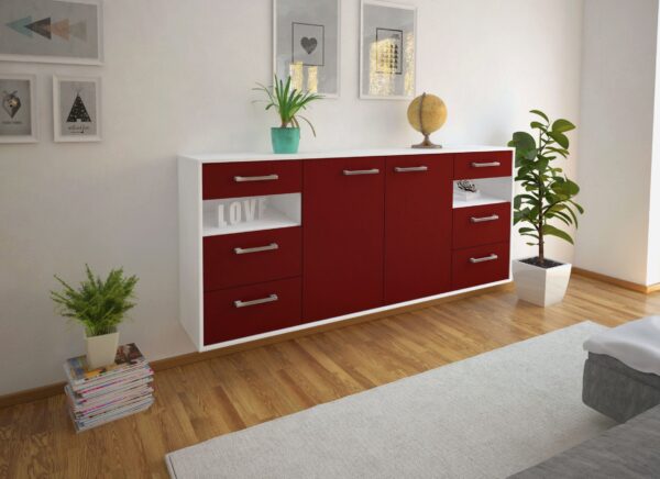 Sideboard - Francesca - Design Farbakzent - Wandmontage mit Griffe 180 cm Weiss - Front Lila  Bestellnummer:1020305574