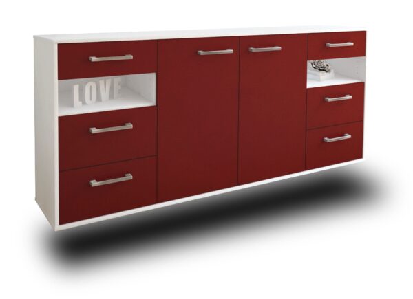 Sideboard - Francesca - Design Farbakzent - Wandmontage mit Griffe 180 cm Weiss - Front Rot  Bestellnummer:1020305576