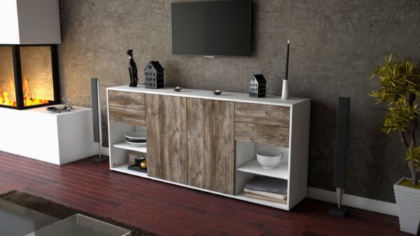 Sideboard - Franka - Design Holzdekor - Freistehend mit Push to Open 180 cm Weiss - Front Pinie  Bestellnummer:1020305615