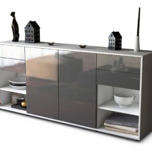 Sideboard - Franka - Design Hochglanz - Freistehend mit Push to Open 180 cm Weiss - Front Grau  Bestellnummer:1020305622