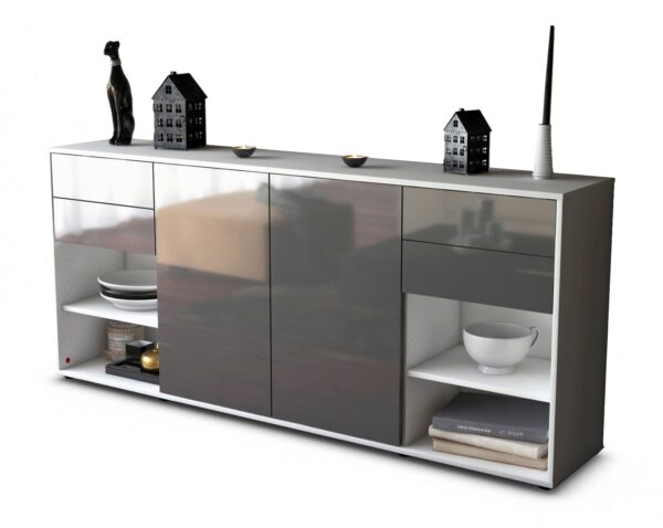 Sideboard - Franka - Design Hochglanz - Freistehend mit Push to Open 180 cm Weiss - Front Grau  Bestellnummer:1020305622