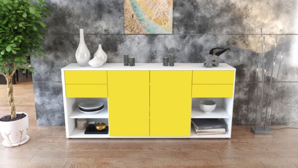 Sideboard - Franka - Design Farbakzent - Freistehend mit Push to Open 180 cm Weiss - Front Mint  Bestellnummer:1020305623