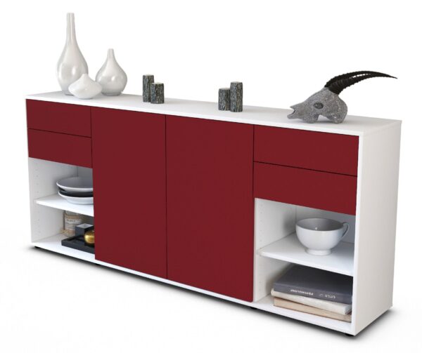 Sideboard - Franka - Design Farbakzent - Freistehend mit Push to Open 180 cm Weiss - Front Rot  Bestellnummer:1020305627