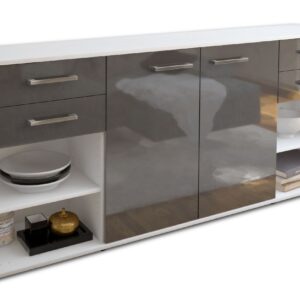 Sideboard - Franka - Design Hochglanz - Freistehend mit Griffe 180 cm Weiss - Front Grau  Bestellnummer:1020305639