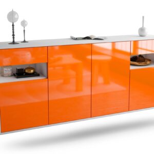 Sideboard - Franca - Design Hochglanz - Wandmontage mit Push to Open 180 cm Weiss - Front Orange  Bestellnummer:1020305652