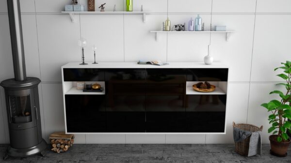 Sideboard - Franca - Design Hochglanz - Wandmontage mit Push to Open 180 cm Weiss - Front Grau  Bestellnummer:1020305656