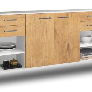 Sideboard - Franka - Design Holzdekor - Wandmontage mit Griffe 180 cm Weiss - Front Eiche  Bestellnummer:1020305664