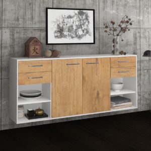 Sideboard - Franka - Design Holzdekor - Wandmontage mit Griffe 180 cm Weiss - Front Pinie  Bestellnummer:1020305666