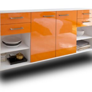 Sideboard - Franka - Design Hochglanz - Wandmontage mit Griffe 180 cm Weiss - Front Orange  Bestellnummer:1020305669