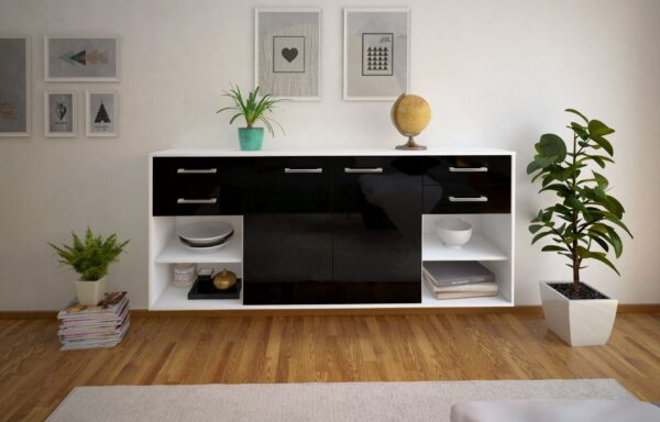 Sideboard - Franka - Design Hochglanz - Wandmontage mit Griffe 180 cm Weiss - Front Grau  Bestellnummer:1020305673