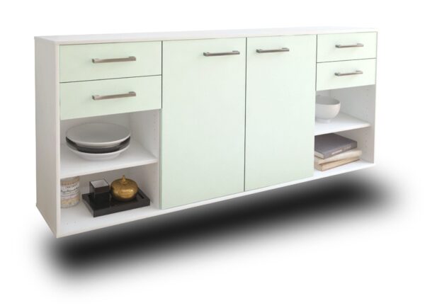 Sideboard - Franka - Design Farbakzent - Wandmontage mit Griffe 180 cm Weiss - Front Mint  Bestellnummer:1020305674