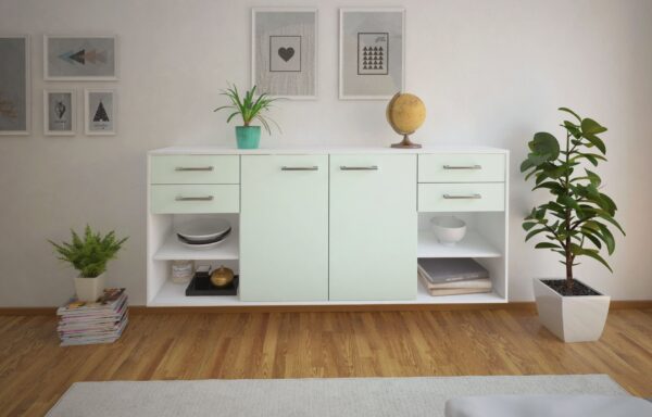 Sideboard - Franka - Design Farbakzent - Wandmontage mit Griffe 180 cm Weiss - Front Gelb  Bestellnummer:1020305675