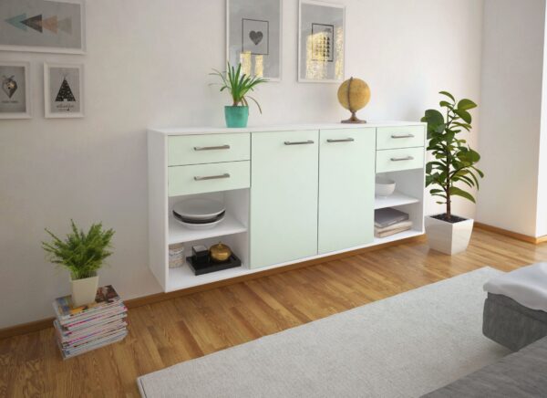 Sideboard - Franka - Design Farbakzent - Wandmontage mit Griffe 180 cm Weiss - Front Lila  Bestellnummer:1020305676