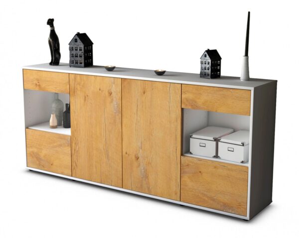 Sideboard - Gabriella - Design Holzdekor - Freistehend mit Push to Open 180 cm Weiss - Front Eiche  Bestellnummer:1020305715