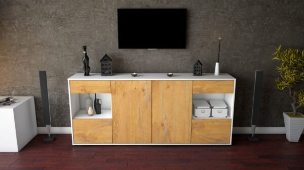 Sideboard - Gabriella - Design Holzdekor - Freistehend mit Push to Open 180 cm Weiss - Front Walnuss  Bestellnummer:1020305716