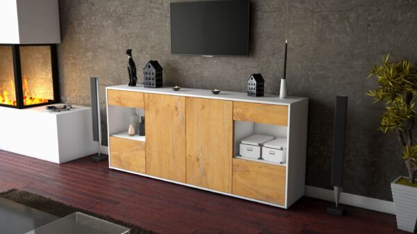 Sideboard - Gabriella - Design Holzdekor - Freistehend mit Push to Open 180 cm Weiss - Front Pinie  Bestellnummer:1020305717