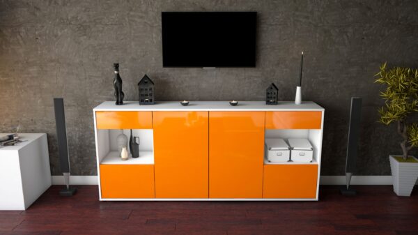 Sideboard - Gabriella - Design Hochglanz - Freistehend mit Push to Open 180 cm Weiss - Front Schwarz  Bestellnummer:1020305721