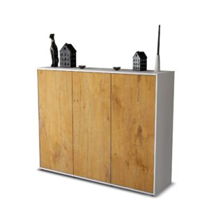 Highboard - Luzia - Design Holzdekor - Freistehend mit Push to Open 136 cm Weiss - Front Eiche  Bestellnummer:1030200003