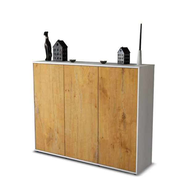 Highboard - Luzia - Design Holzdekor - Freistehend mit Push to Open 136 cm Weiss - Front Eiche  Bestellnummer:1030200003