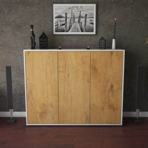 Highboard - Luzia - Design Holzdekor - Freistehend mit Push to Open 136 cm Weiss - Front Walnuss  Bestellnummer:1030200004