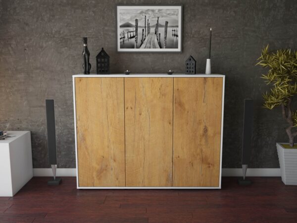 Highboard - Luzia - Design Holzdekor - Freistehend mit Push to Open 136 cm Weiss - Front Walnuss  Bestellnummer:1030200004