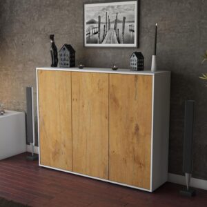 Highboard - Luzia - Design Holzdekor - Freistehend mit Push to Open 136 cm Weiss - Front Pinie  Bestellnummer:1030200005