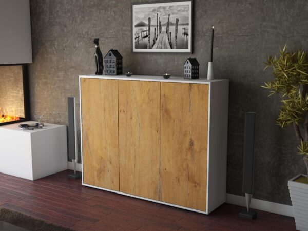 Highboard - Luzia - Design Holzdekor - Freistehend mit Push to Open 136 cm Weiss - Front Pinie  Bestellnummer:1030200005