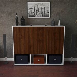 Highboard - Mea - Design Holzdekor - Freistehend mit Push to Open 136 cm Weiss - Front Eiche  Bestellnummer:1030202247