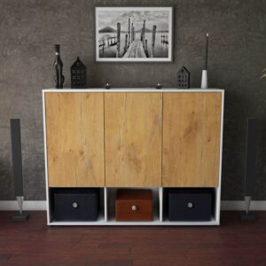 Highboard - Mea - Design Holzdekor - Freistehend mit Push to Open 136 cm Weiss - Front Treibholz  Bestellnummer:1030202251